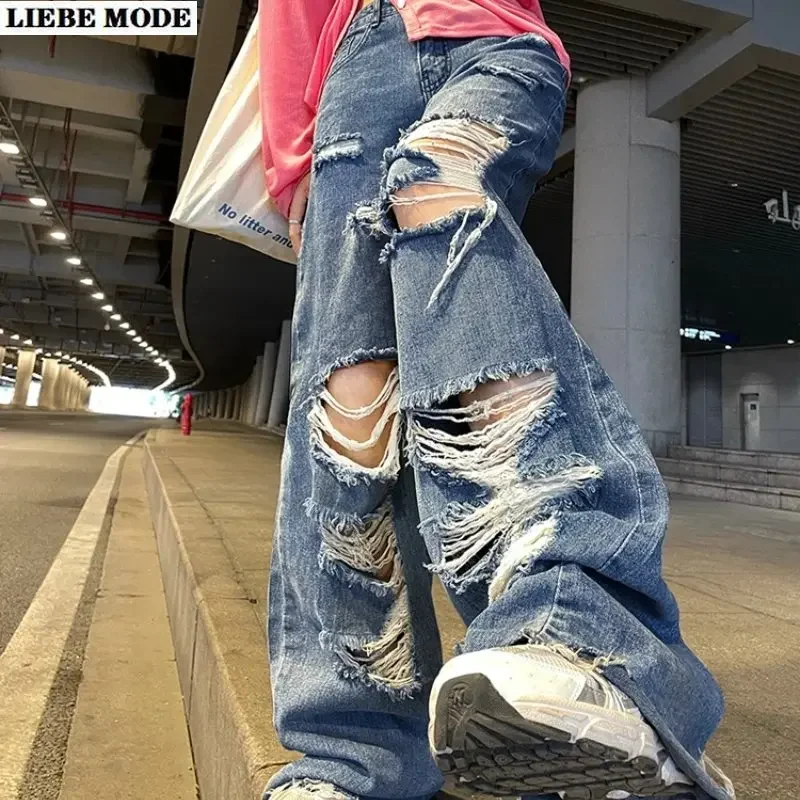 

Streetwear Straight Distressed Pants Women High Waist Ripped Jeans Loose Wide Leg Denim Trousers Ladies Y2K Summer Jean Femme