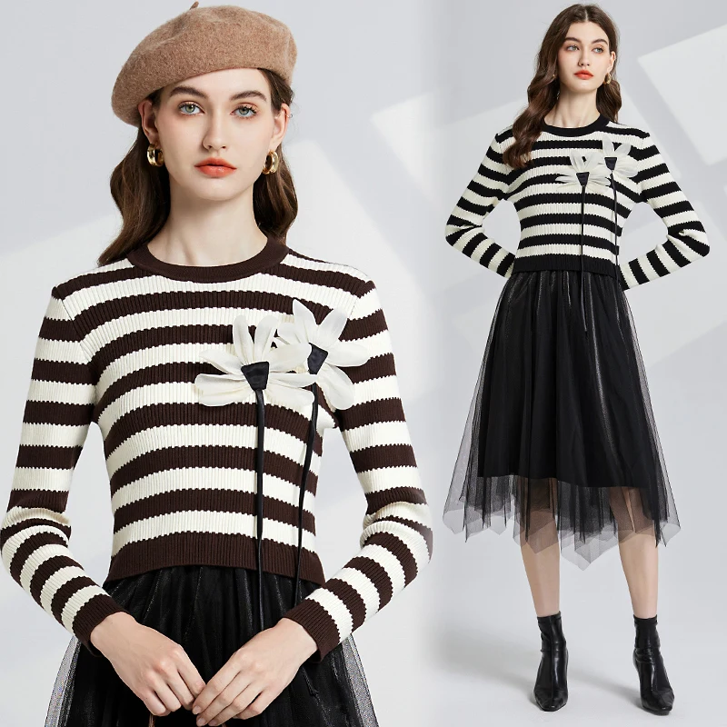 Autumn and Winter Three-dimensional Flower Decoration Round Neck Striped Color Contrast Knit Dress Gauze Skirt