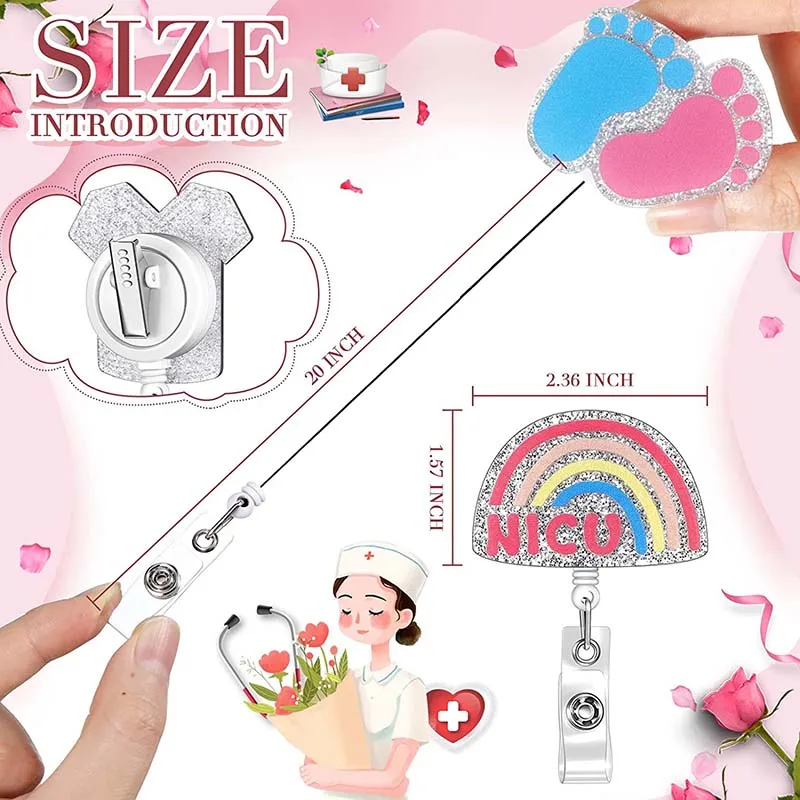 New Glitter Acrylic Baby Footprints Badge Reel Retractable ID Badge Holder With 360 Rotating Alligator Clip Name Holder