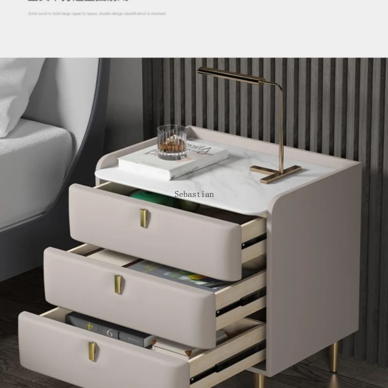 Light luxury solid wood, minimalist modern storage, three-layer storage, leather rock board, bedroom bedside cabinet