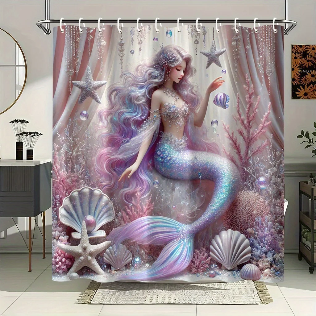 

Fantasy Mermaid Shower Curtain Waterproof Easy to Clean Privacy Protection Print Magical Ocean Design Dreamy Pink Purple Art