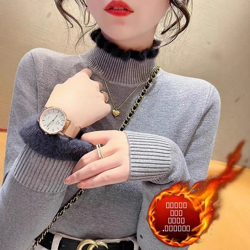 티엔드 원피스 벨벳 패브릭 밍크 벨벳 여성 니트 스웨터 미드넥 롱 슬림핏 출퇴근용