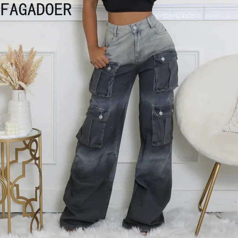 FAGADOER Fashion Gradient Denim Wide Leg Pants Women Summer New Cargo Pocket Patchwork Pants Female Streetwear Bottoms 2025