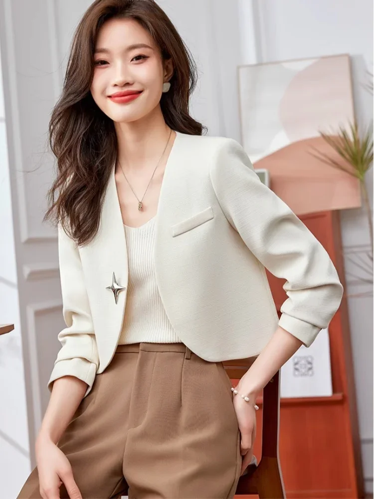 Sólido bege sem gola jaqueta curta frança designer formal blazers elegantes mulheres senhora do escritório primavera jaquetas casaco de moda coreana