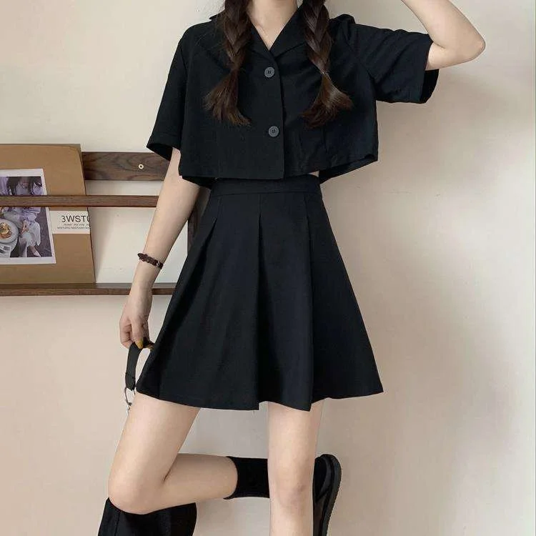 Summer Korean Style Short Blouse And High Waist Pleated Skirt Two Piece Set Fashionable Loose Small Suit Design Sense Forest ...
