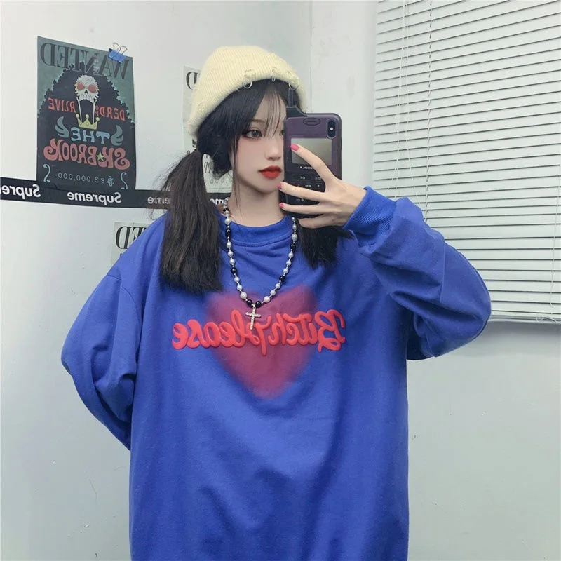 Harajuku Sweatshirts Women Hip Hop Letter Print Hoodies Oversized Loose Crewneck Pullover Tops Korean Streetwear Y2k Clothes