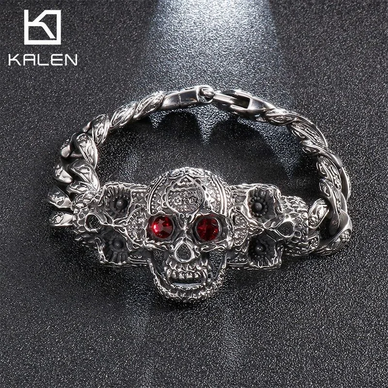 Men Thick Stainless Steel Skull Cast Bracelet, Punk Style Snap Clasp Titanium Steel Trendy European American Wrist Jewelry