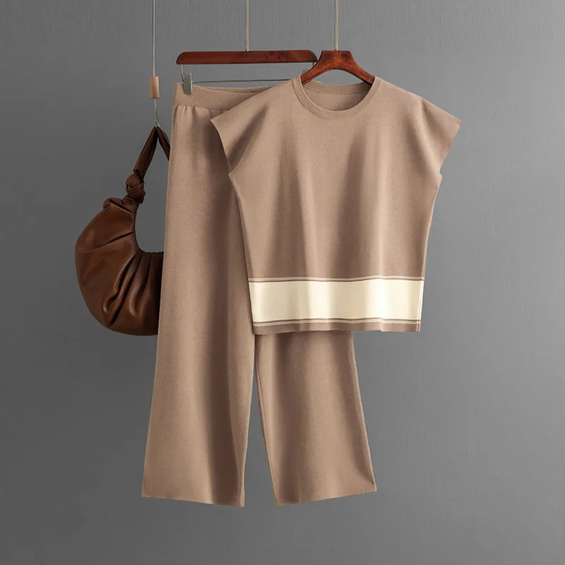 レディースニット2点セットトップスワイドレッグパンツスーツTシャツパッチワークラウンドカラーニット outfits オフィスレディサマー2025