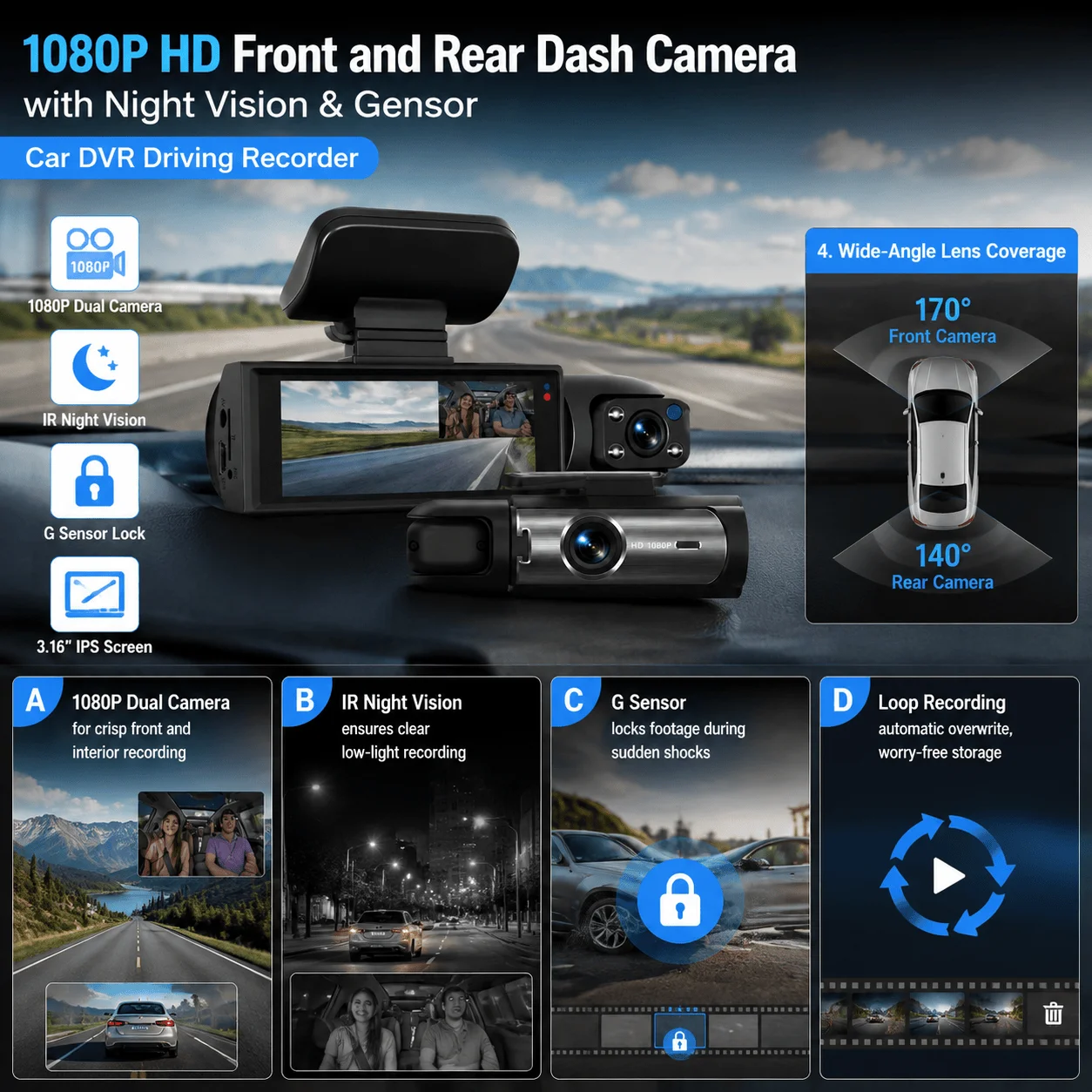 1080P HD Front and Rear Dash Cam for Car Driving Recorder with IR Night Vision G Sensor three point one six inch IPS Screen 170 Degree Wide Angle Dual Lens Car DVR for Safe Driving Parking Monitor for Vehicle Safety and Parking Surveillance