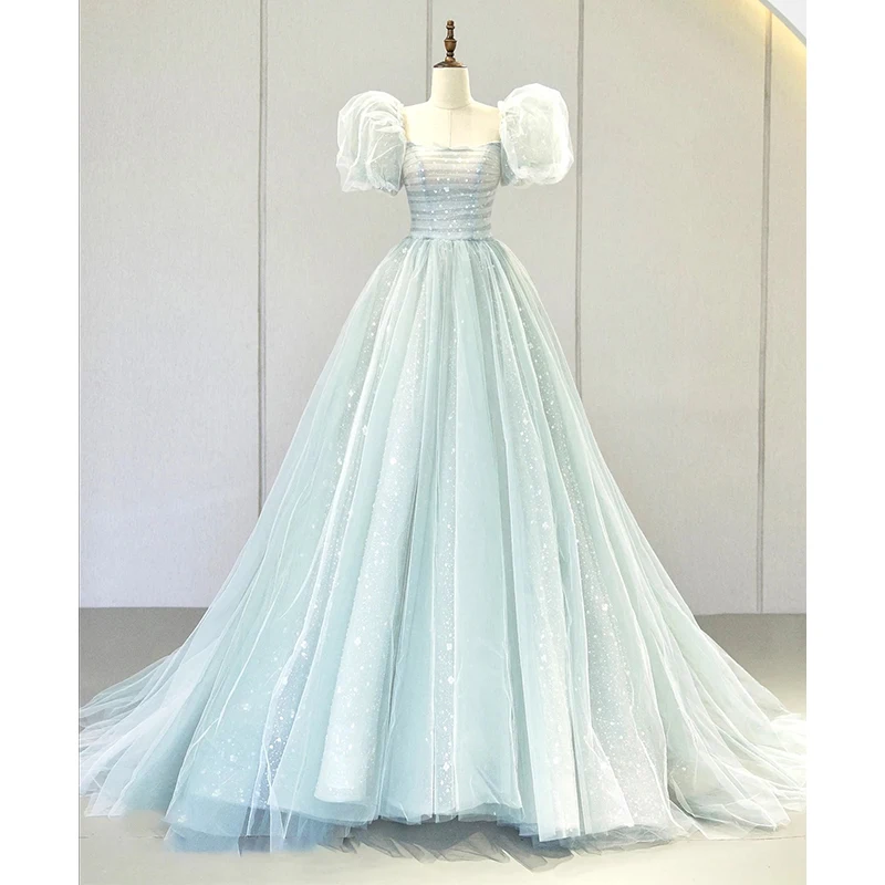 Poff Mouwen Prinsessenjurk Avondjurk Sweet Vierkante Kraag Quinceanera Jurken Elegante Staart Lange Graduatie A-Lijn Vestido