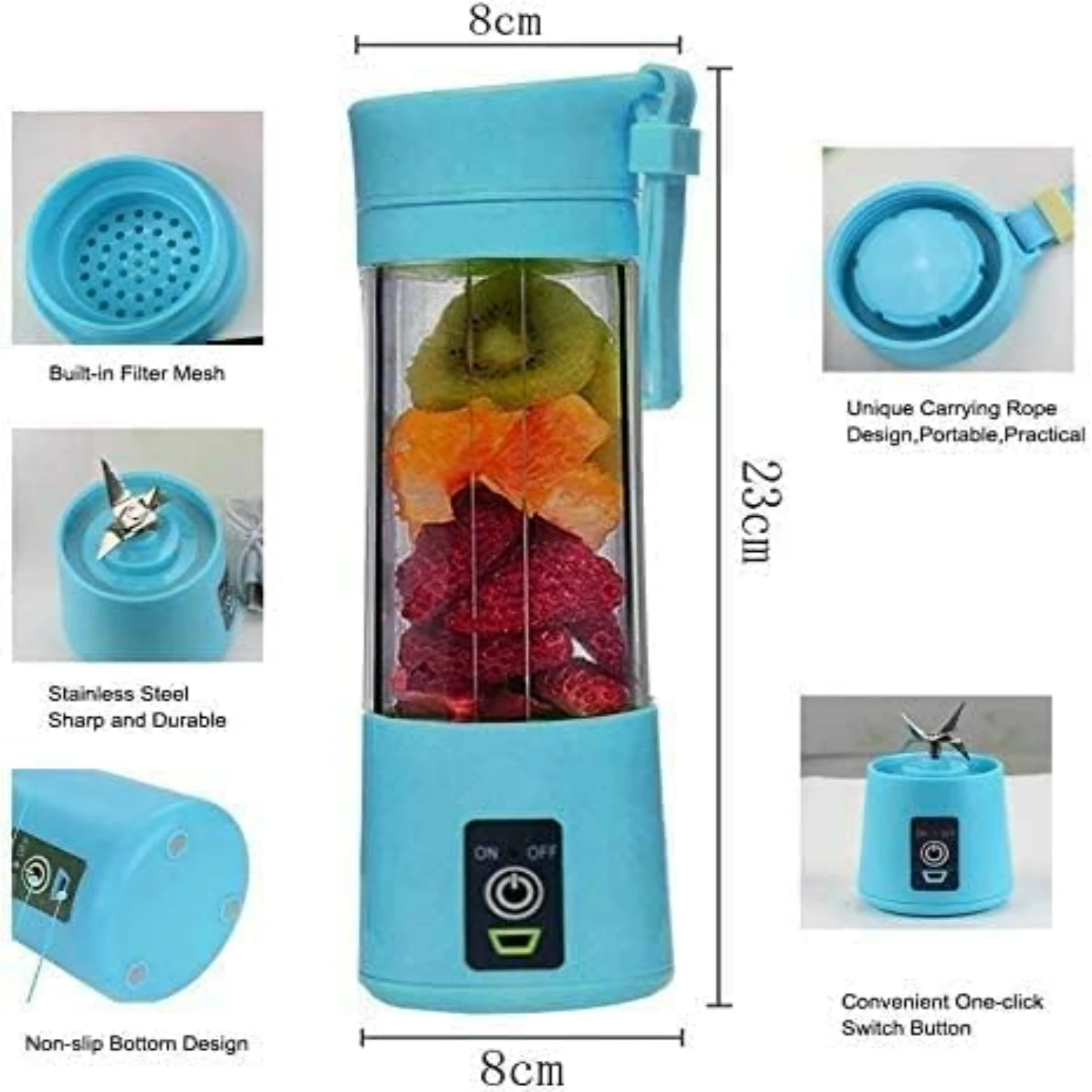 خلاط شخصي مدمج أزرق قابل لإعادة الشحن للمنزل والسفر، آلة خلط فواكه صغيرة فعالة، آلة كهربائية صغيرة