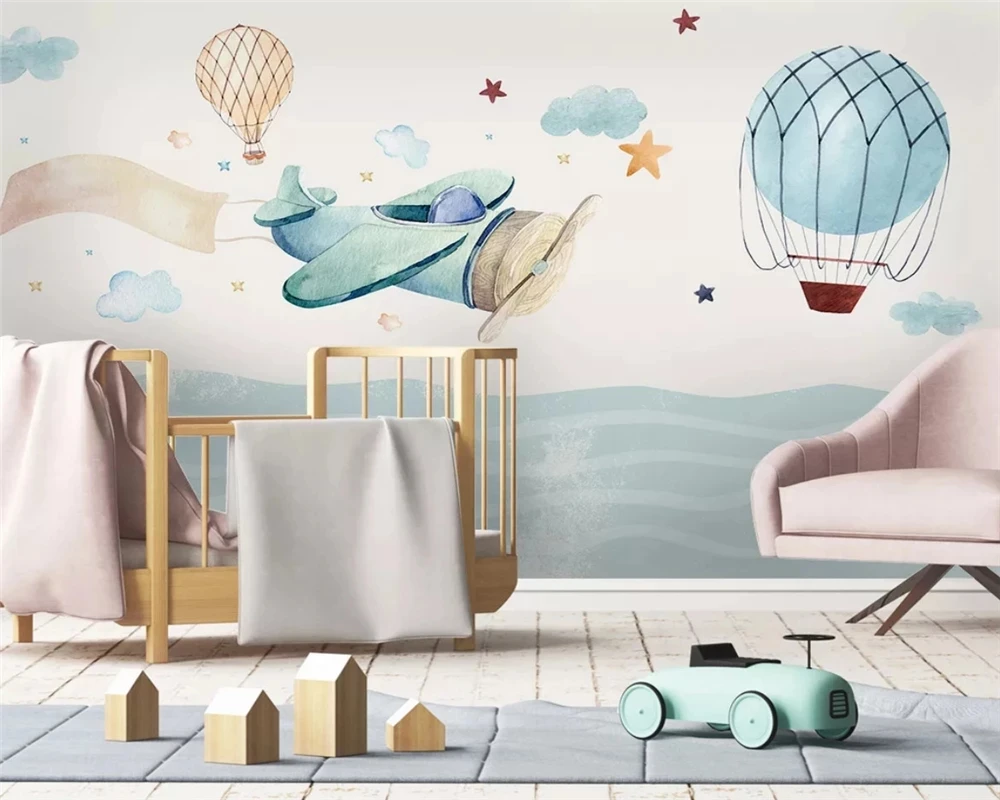 

Customized Nordic Modern Hand Drawn Airplane Hot Air Balloon children's room 3d Wallpaper bedroom restaurant Living room cartoon