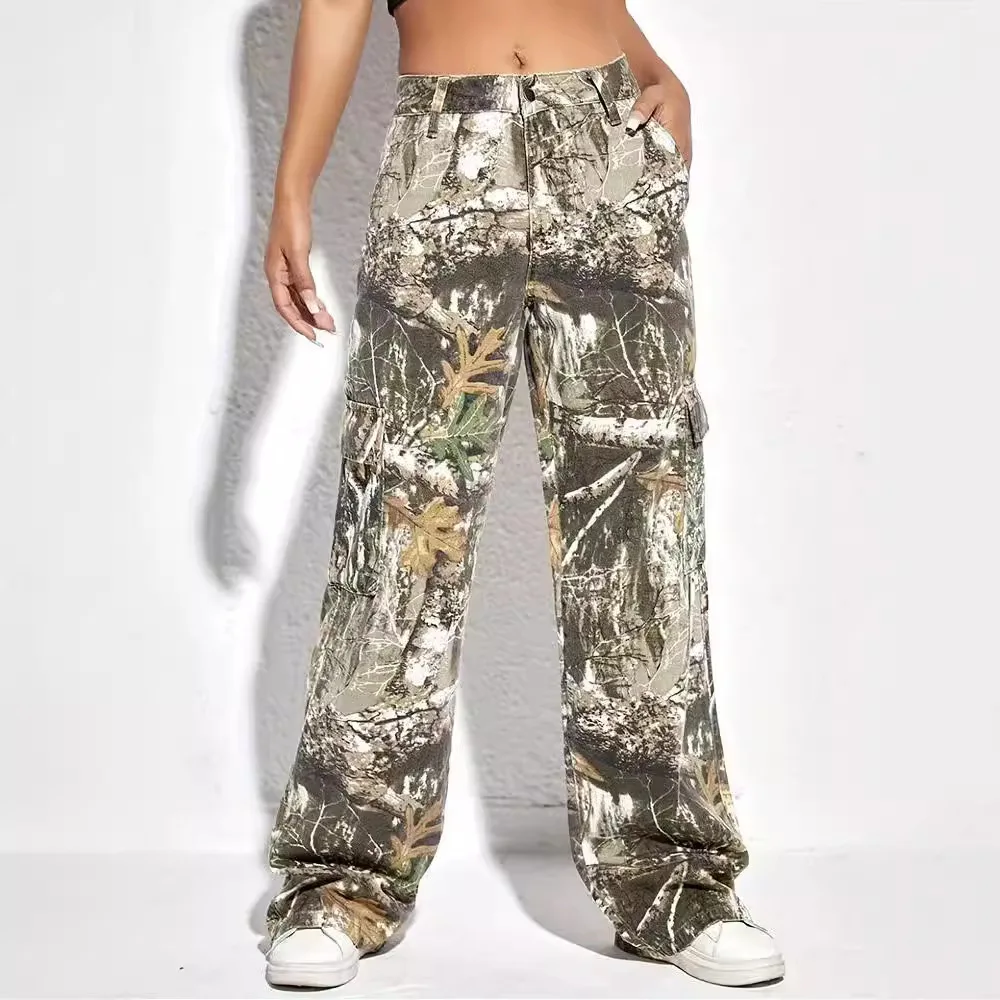 

Embroidery Printed Camouflage Trousers 2025 Spring New Fashion Mid-waist Splicing Zipper Casual Loose Straight Pants Women