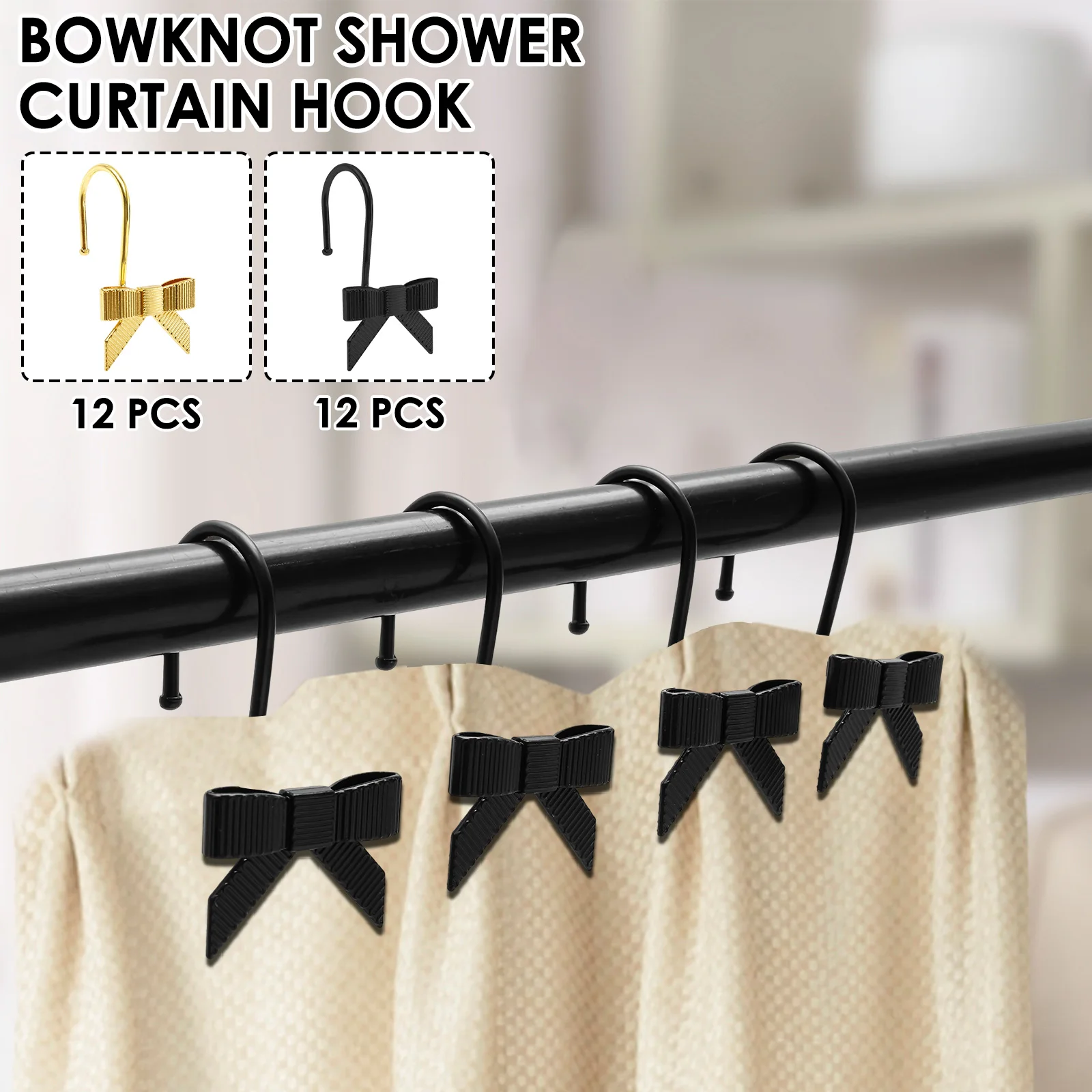 12Pcs Shower Curtain Hooks Bow Knots Curtain Hook Versatile Pretty Decorative Bow Shower Ring Curtain Bathroom Decor Accessories