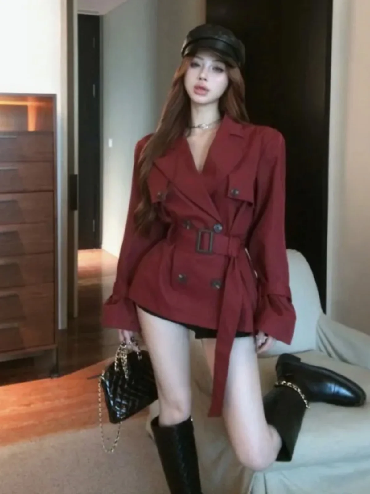 

Raincoats For Women Trench 2025 Slim Turn Down Gathered Turn-Down Decoration Large Wrinkled Gradient Early Elastic Fiber