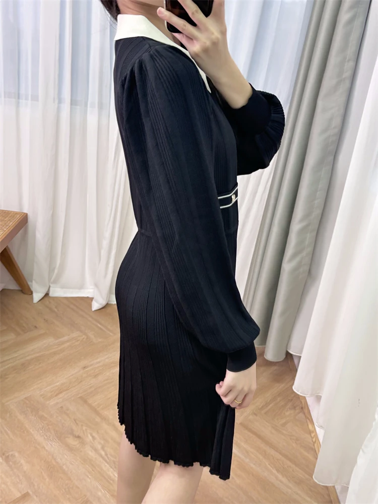 New 2024 High Quality Women Pleated Knit Dress Shirt Collar Long Puffed Sleeves Cinched Waist Elegant High Street Chic Sweet S