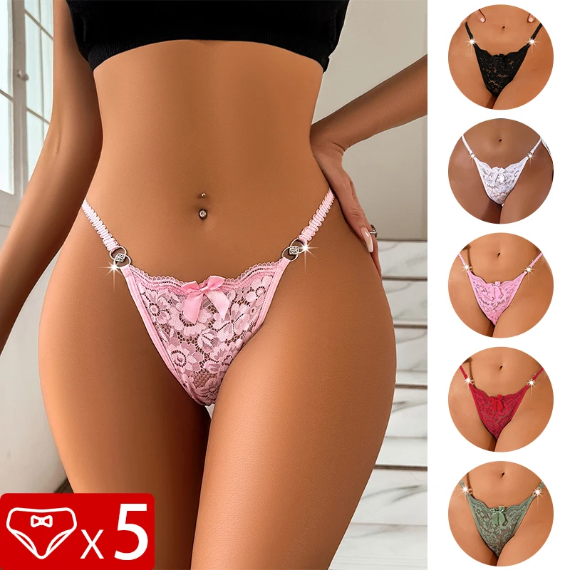 5pcs Low Waist Lace Women Thongs Sexy Perspective Floral Women  Panties Breathable T-back Intimate Lingerie Ladies G-string