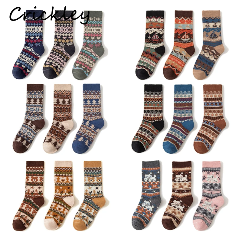 Fair Isle Jacquard Weave Pattern Kids Socks Spring Autumn Knitted Boys Girls Socks Cartoon Cat Tree Bow Soft Children Sock