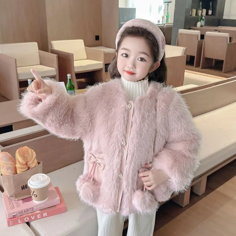 

Winter Kids Girls Woolen Coat Faux Fur Hooded Children Girls Fluffy Outerwear Sweet Infant Baby Girl One-piece Down Cotton Coats