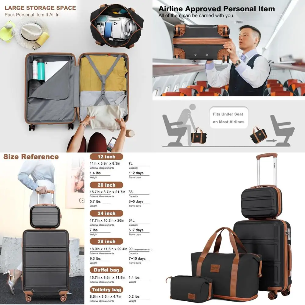 

Набор ручной клади из 4 предметов с замком TSA, вращающимися колесами, легкий ПК + ABS, абрикосовый и черный