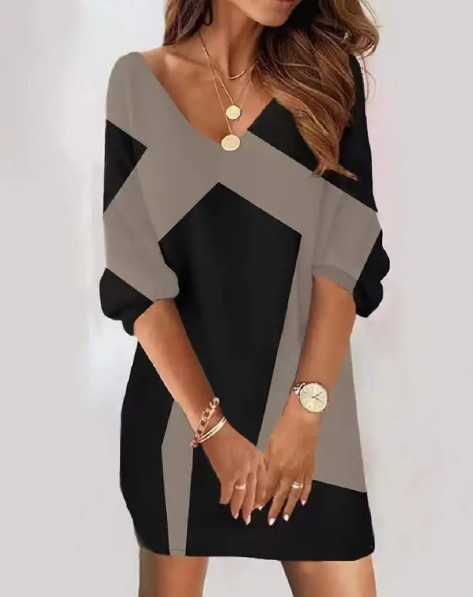 Women's Fashion Color blocked V-neck Half Sleeve Casual Dress for Spring/Summer 2025 New Women's Clothing in Stock