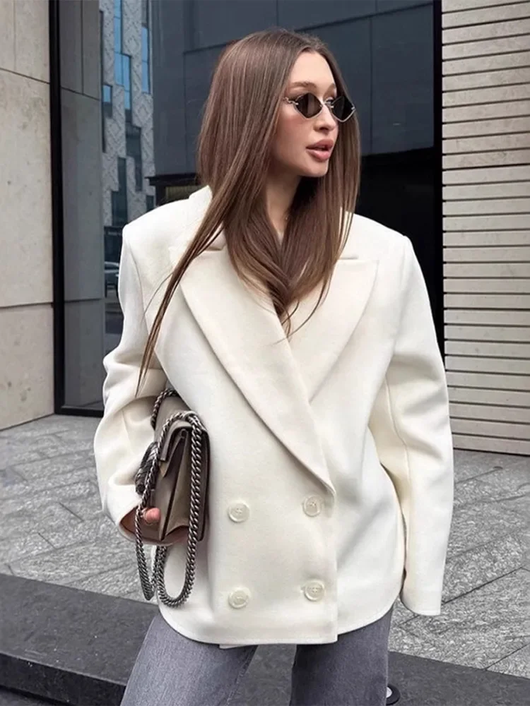 

Fmxires Women's White Oversize Outwear Blazer Lapel Collar Coats Double Breasted Jacket 2025 Autumn Winter Office Casual Coat