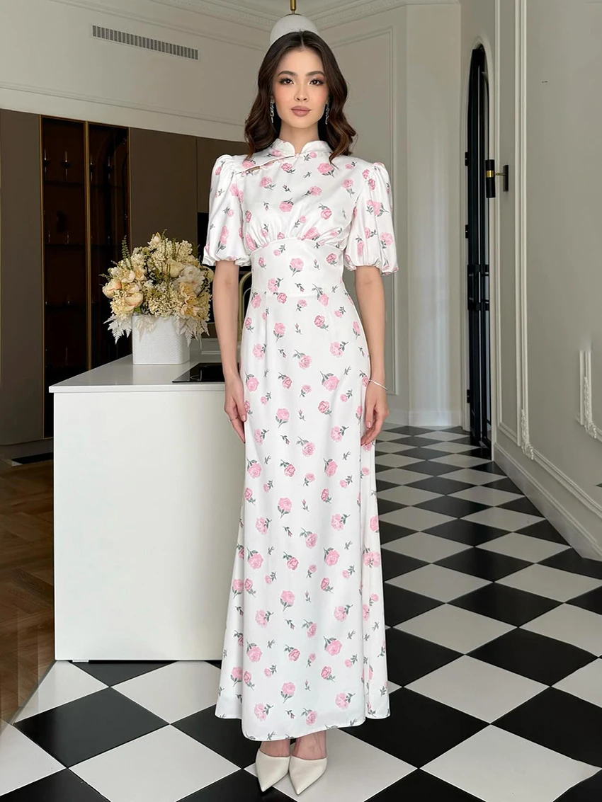 

Marthaqiqi Printing Female Sleepwear Short Sleeve Nightgowns O-Neck Nightwear Ankle-Length Dress Fashion Women'S Pajamas Elegant