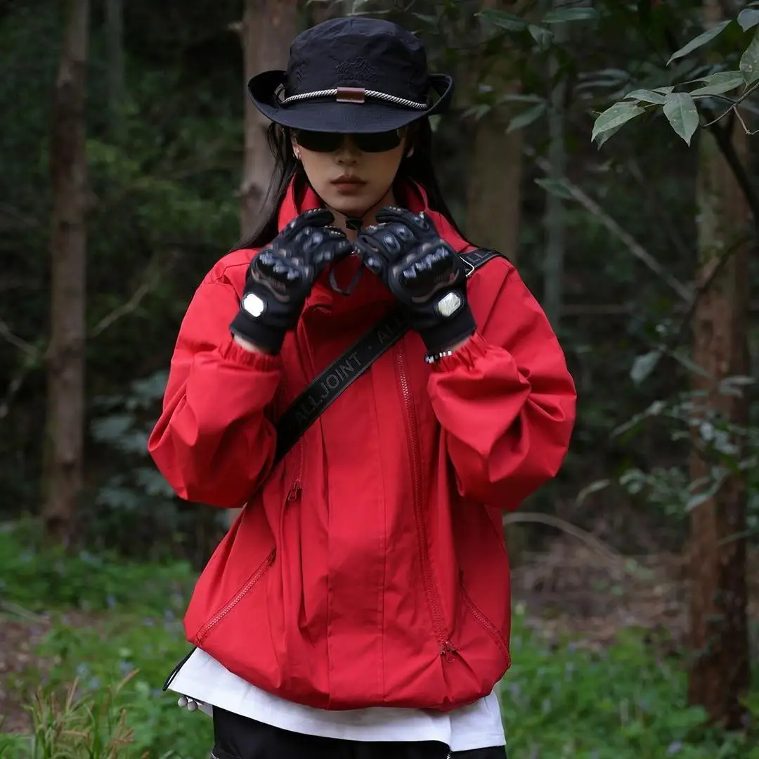 

2025 Spring And Autumn New Red Waterproof Thin Hooded Jacket For Women's Loose Casual Top