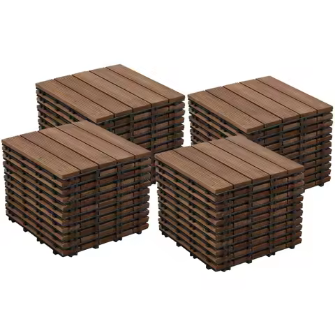 Interlocking Patio Deck Tiles 12 x 12in Wood Floor Tiles Wooden Flooring for Patio Garden Deck Poolside, Natural Wood