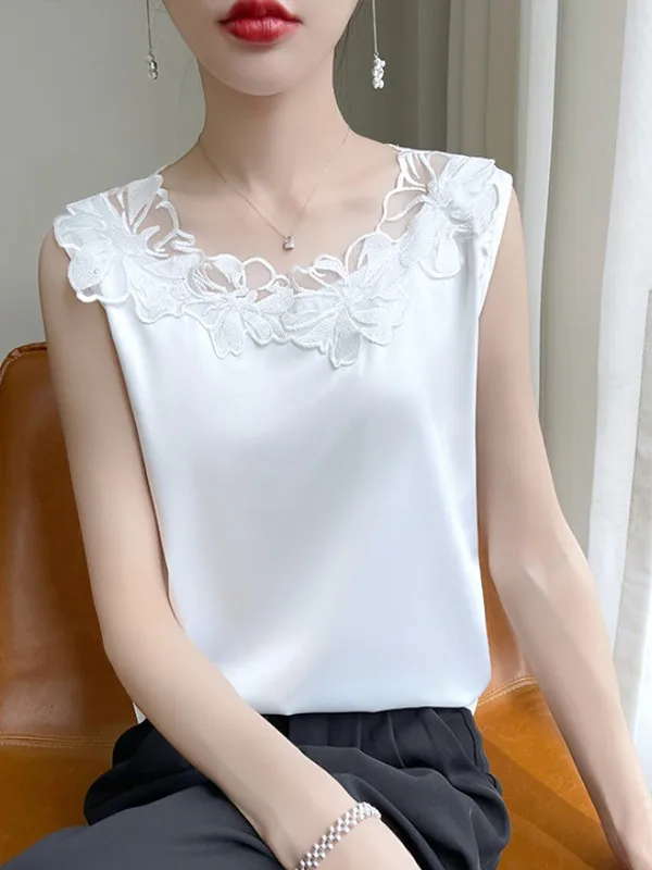 Ele Lace Splice okrągły dekolt Ne Svel Kamizelka Damska Nowość 2025 Elegancka Wyszczuplająca Bielizna Wewnętrzna Satynowa Bluzka Do Pracy Luźny Krój