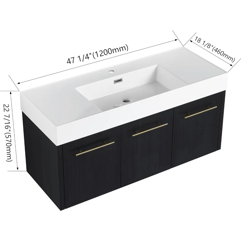 48 inch Bathroom Vanity with Sink, Thick Edged Resin Basin & Soft Close Doors, Single Sink Floating Wall Mounted Vanity Cabinet