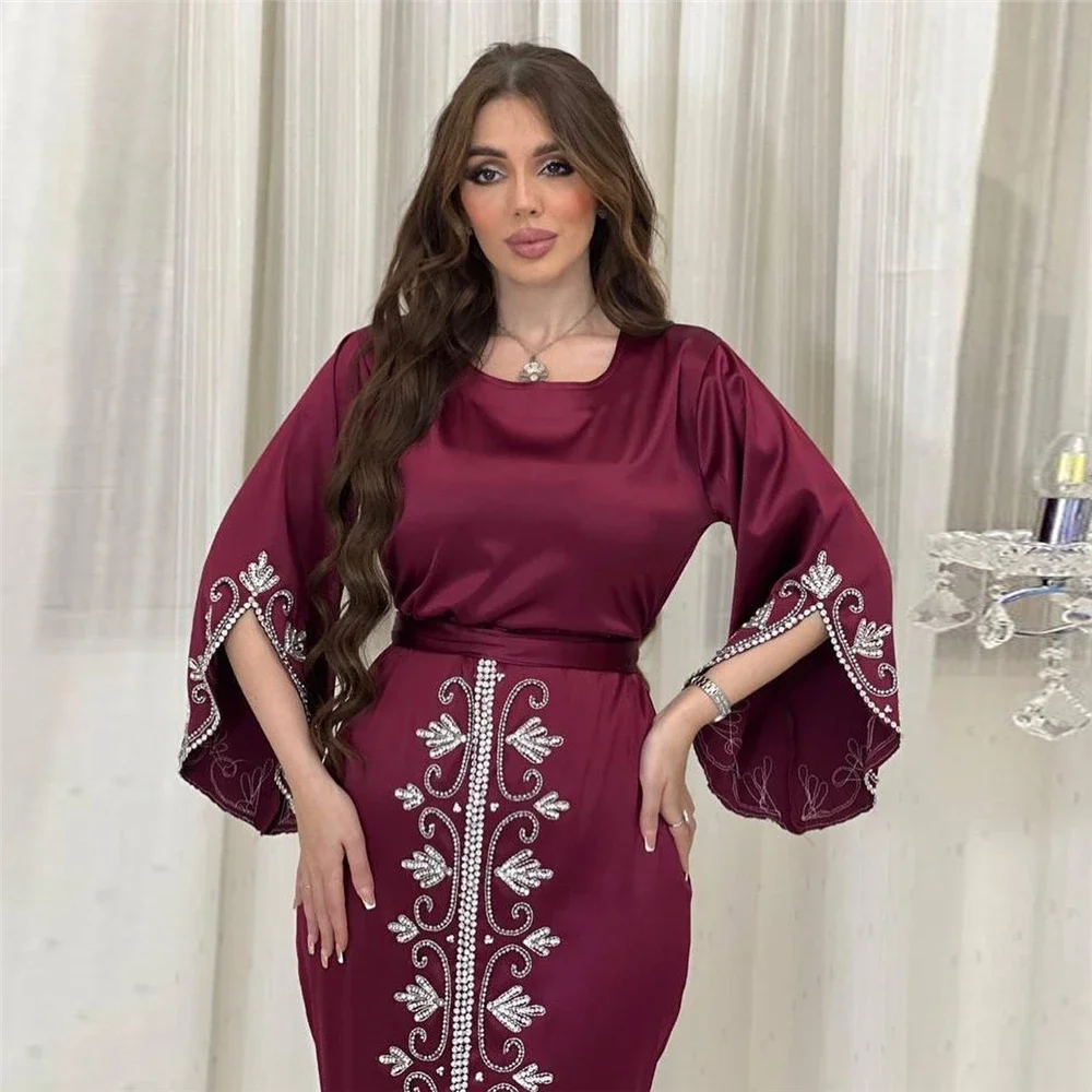 Elegant Dress Arabic Evening Long Dresses Women Satin Diamonds Belted Abaya Ramadan Muslim Moroccan Party Kaftan Bodycon Clothes