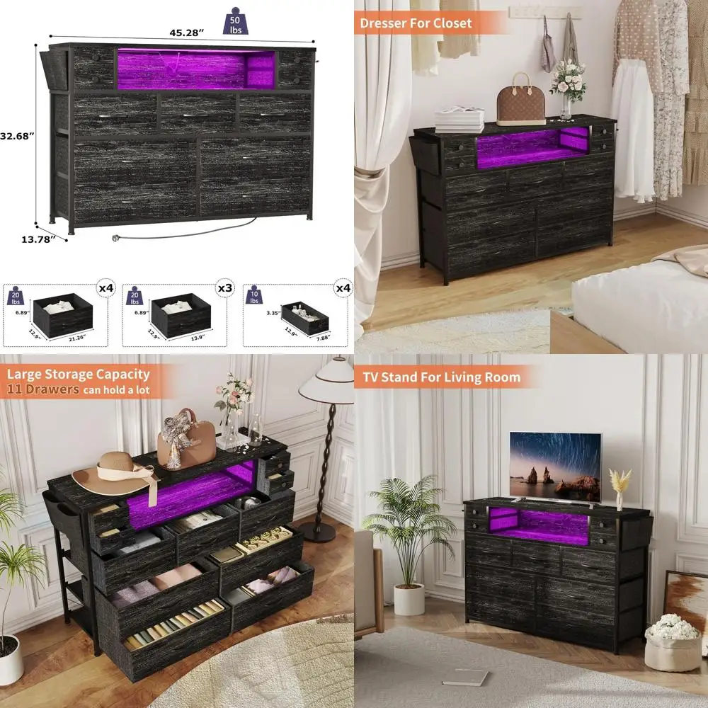 

55'' TV Stand with LED Lights, 11-Drawer Dresser, Fabric Chest in Charcoal Black with Power Outlets