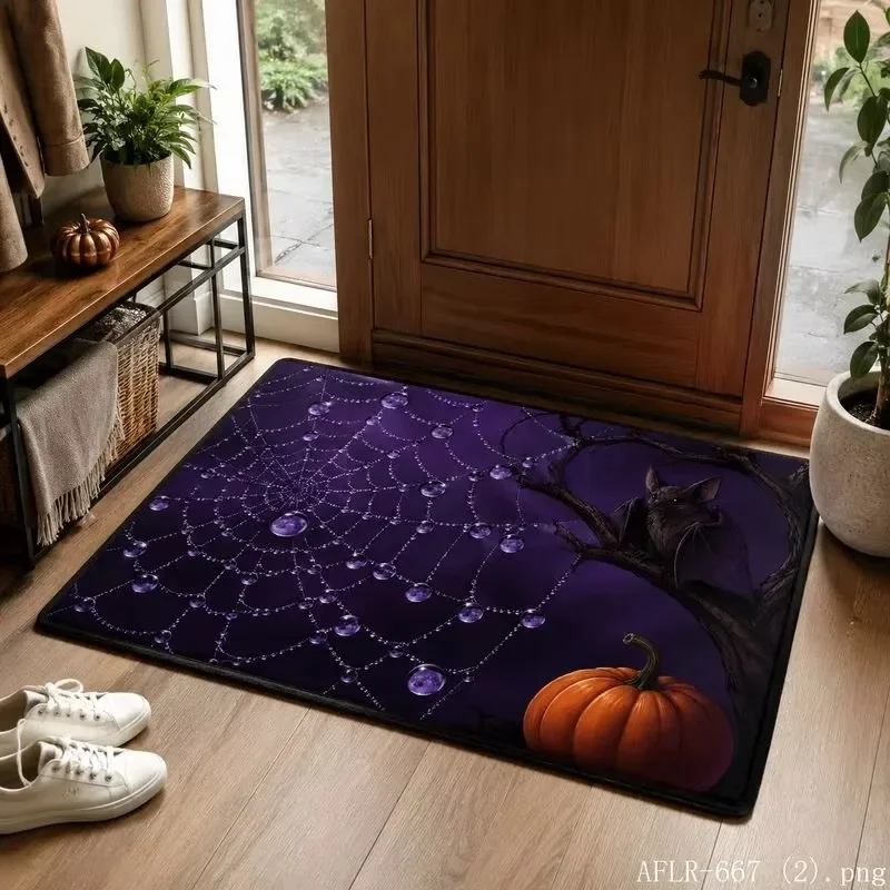 Dark Night Halloween Floor Mat Glowing Pumpkin Full Moon Bats Grass Pattern Decorative Front Door Welcome Doormat