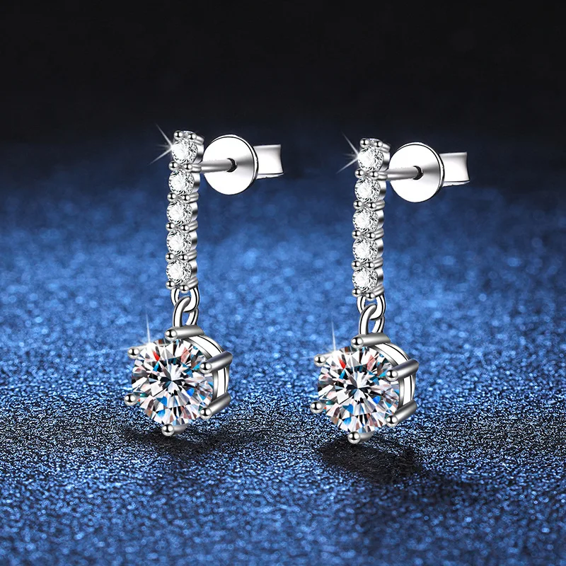 

18K platinum diamond earrings new style earrings classic tassel six claws 1 carat plated PT950 platinum earrings moissanite