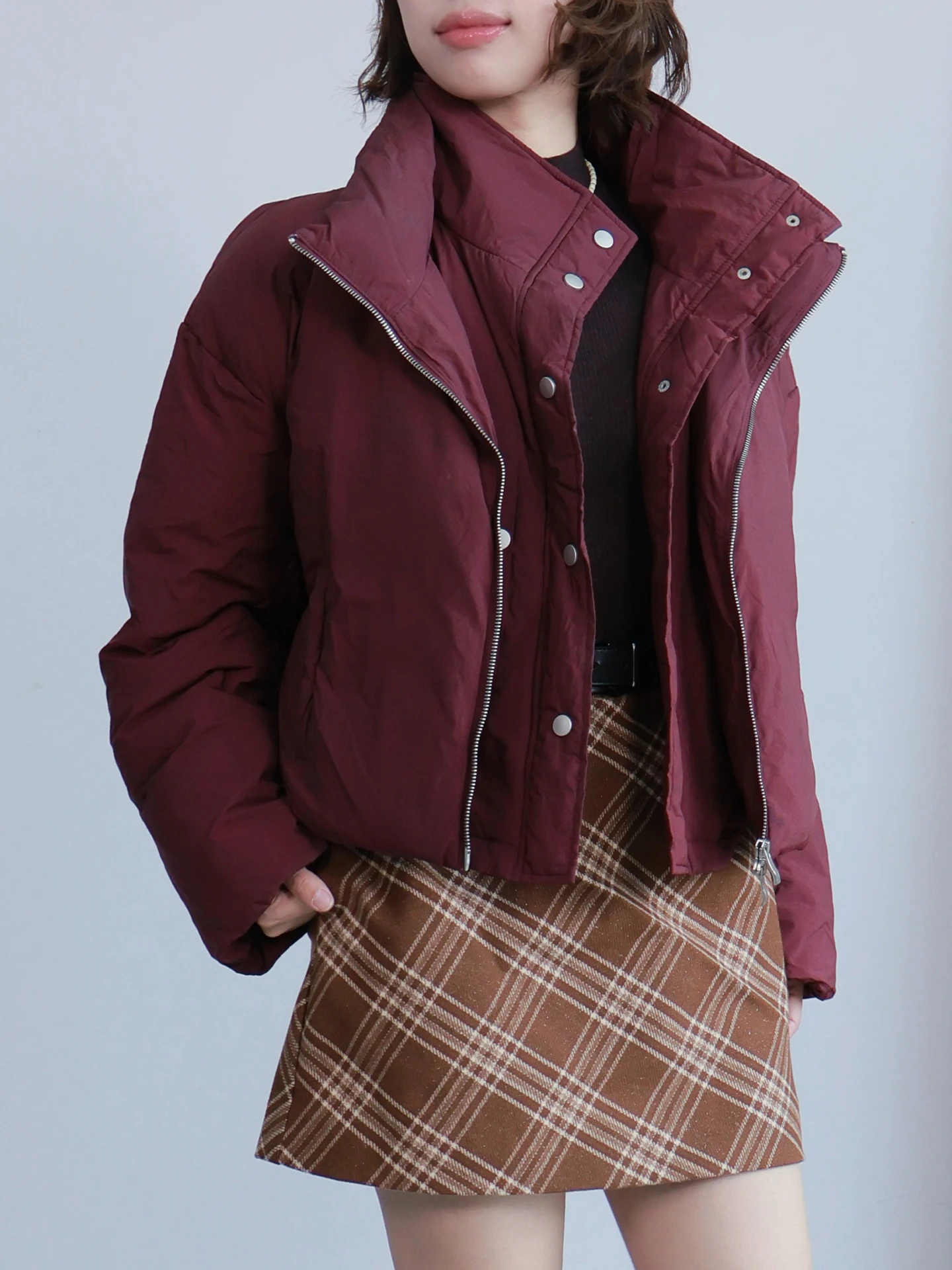 

Retro Stand Collar ort 90 White Du down Jaet Women's Warm Anti Aging Fake Two Piece Wine Red Coat Winter Faion Ladies