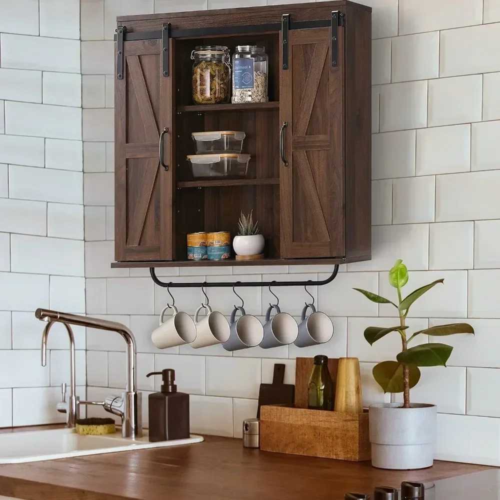 

Storage cabinet with two sliding barn doors, three story decorated farmhouse vintage cabinets, dark walnut wood,bathroom cabinet