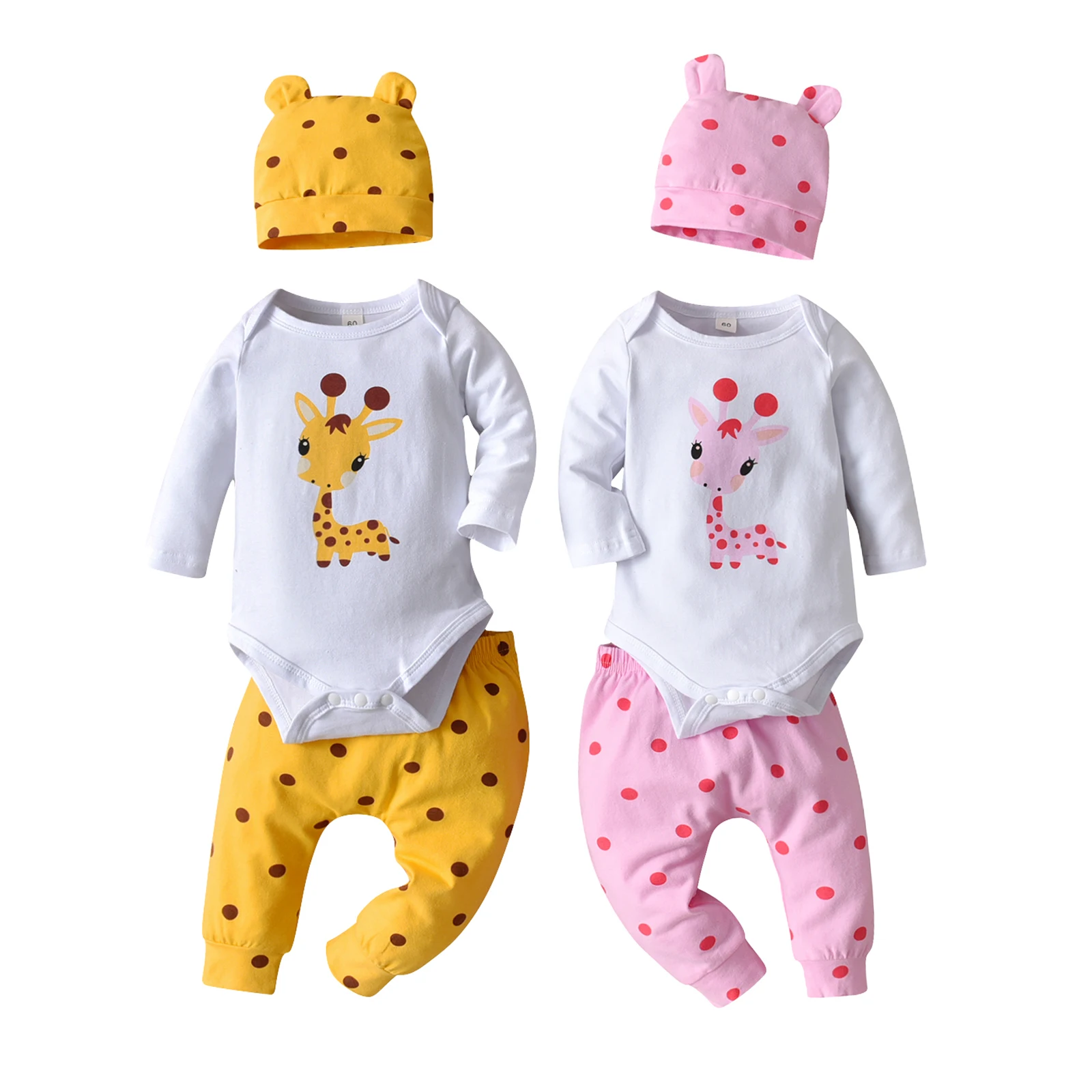 

Spring Autumn Newborn Baby Girls Clothes Set Cotton Long Sleeve Deer Print Bodysuit Top + Infant Pants + Ear Cap 3PCS Outfit