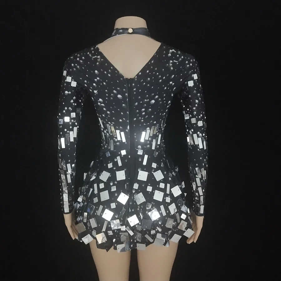 Black White Nude Mirrors Sequins Mini Short Dress Women Dancer Team Performance Stage Wear Birthday Evening Party Dance Costume