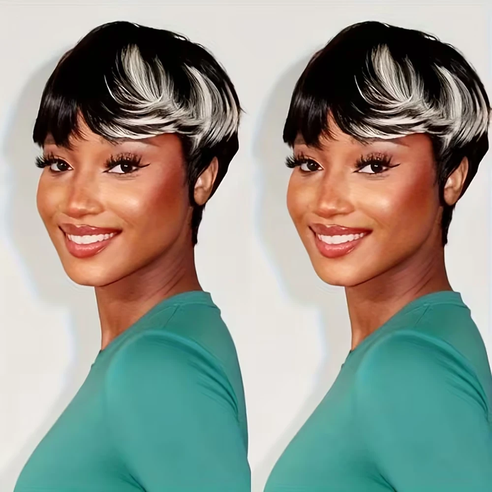 Cinza destaque curto pixie corte peruca de cabelo humano peruca reta com pré arrancado franja cabelo remy brasileiro para mulher máquina feita boné