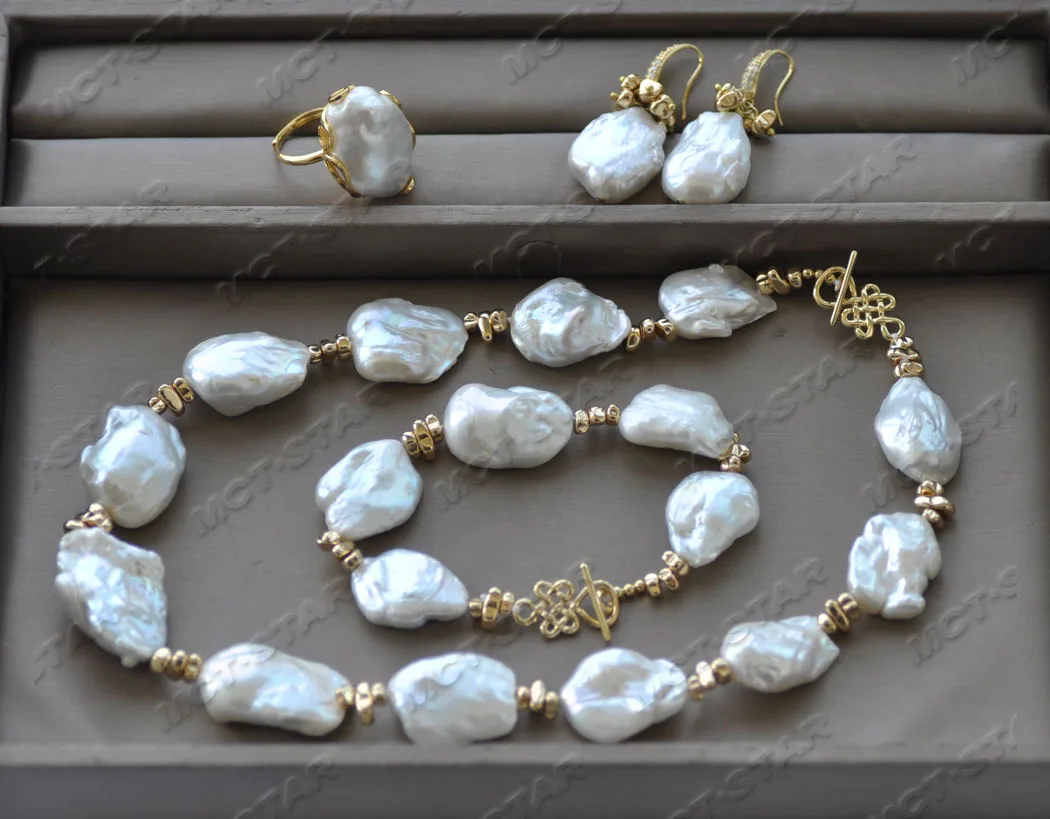 Z11970 Big White Baroque Keshi Pearl Hematite Necklace Bracelet Earring Ring SET