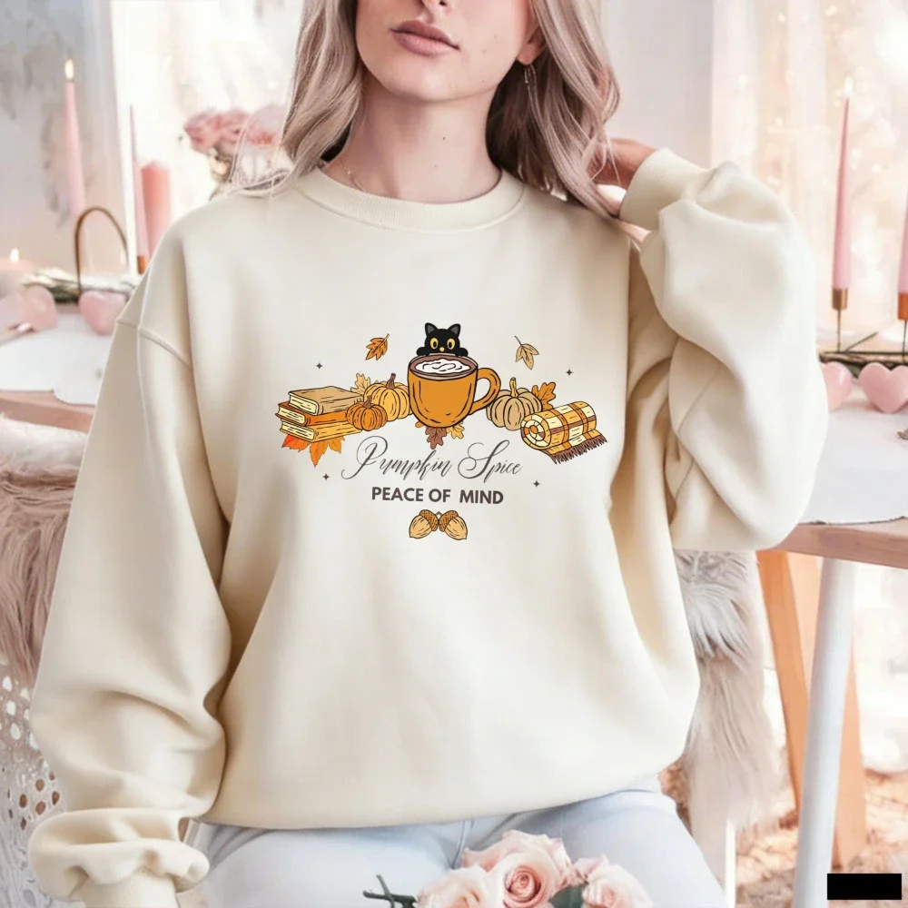 Pumpkin Spice Peace of Mind Graphic Crewneck Sweatshirt Autumn Black Cat Coffee Book Pumpkin Maple Leaf Pullover Top for Women view 3