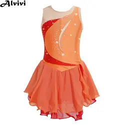 Kids Girls Sleeveless Figure Skating Dance Dress Ballet Gymnastics Acrobatics Dancewear Shiny Rhinestone Sheer Mesh Leotard Tutu