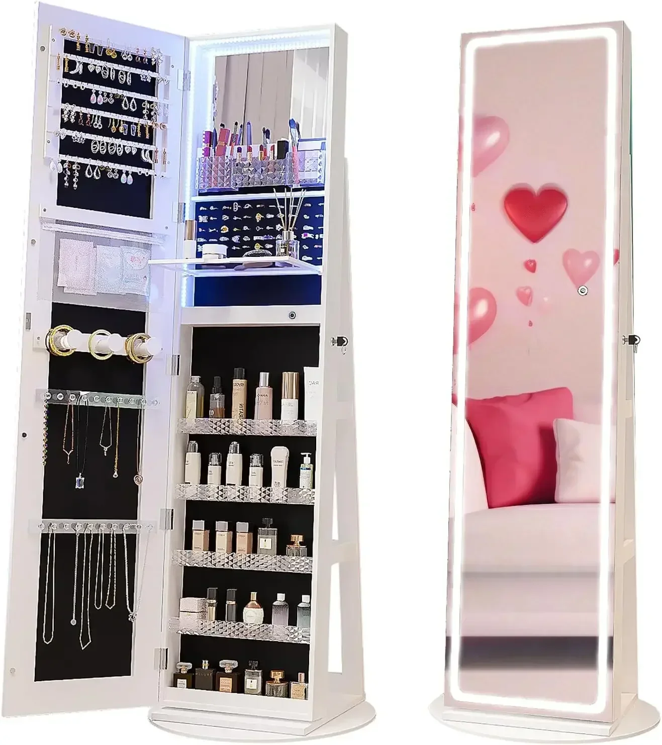 Mirror Jewelry Cabinet Armoire 360° Swivel, Full Length Mirror with Jewelry Storage, 3 Color & Adjustable Lights,