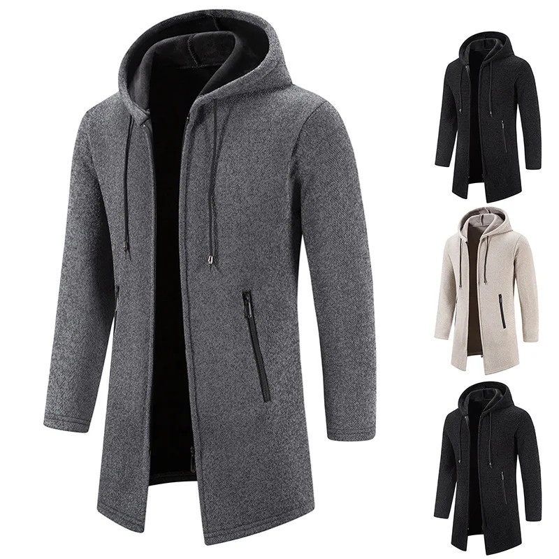 Cross-Border Autumn Winter Men's Fleece-Lined Mid-Length Sweater Thickened Hooded Cardigan For Middle-Aged And Elderly Warm