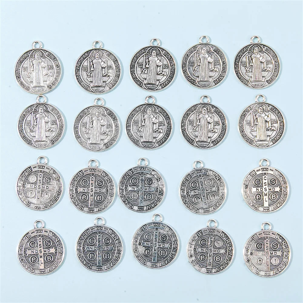 20Pieces/Lots 23*20mm Antique Silver Color Round Tag Religious Charm Pendant Medal Charms Wholesale ﻿