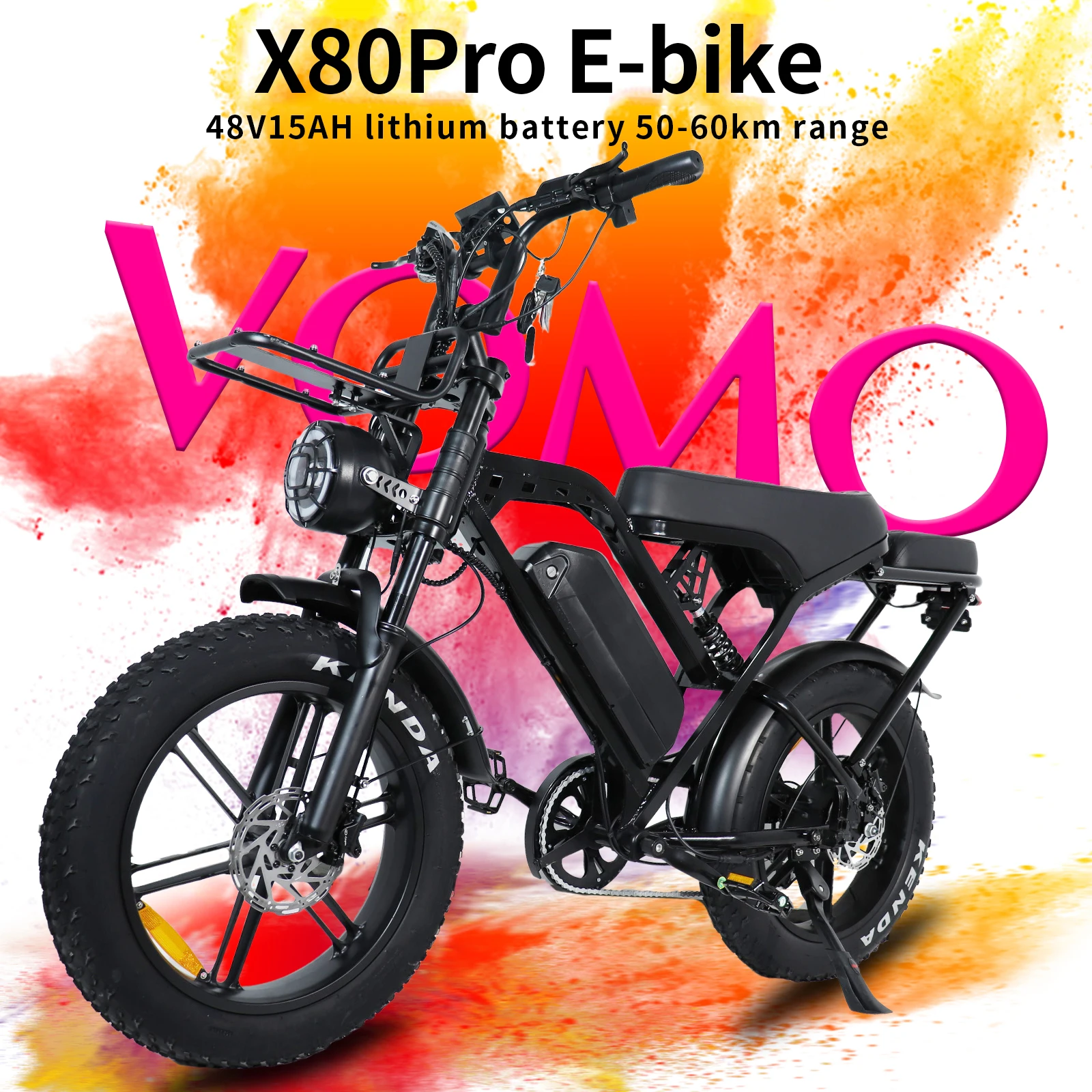 

Электровелосипед X80 Pro с двигателем 1000 Вт, батареей 48 В 15 Ач, скоростью 28 миль/ч, 20-дюймовыми широкими шинами и передними и задними гидравлическими тормозами.