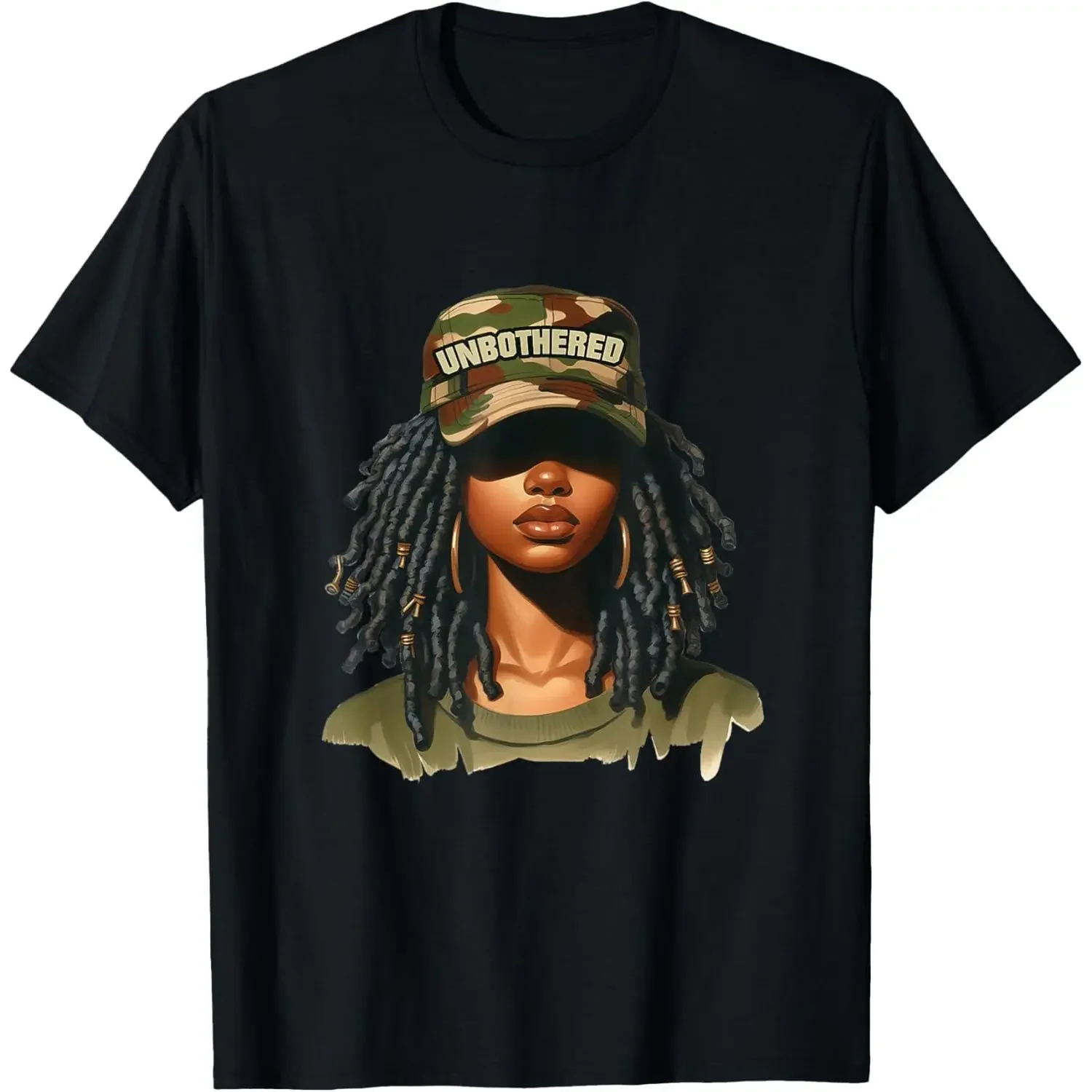Unbothered Melanin Dreadlocks T-Shirt - Garment, Short-Sleeve Loose Menswear, Camo Print Black History Month Unisex Sports Top for Men & Women with Stylish Locs Design, Shortsleeve