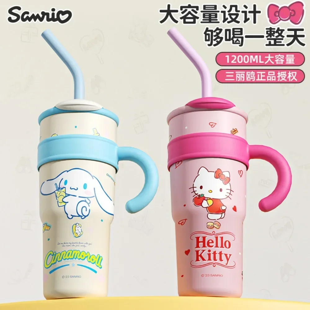 1200ml Nowy kubek do lodu Sanrios z uchwytem Kawaii Hello Kitty Kuromi My Melody Cinnamoroll Przenośny kubek termiczny ze słomką o dużej pojemności