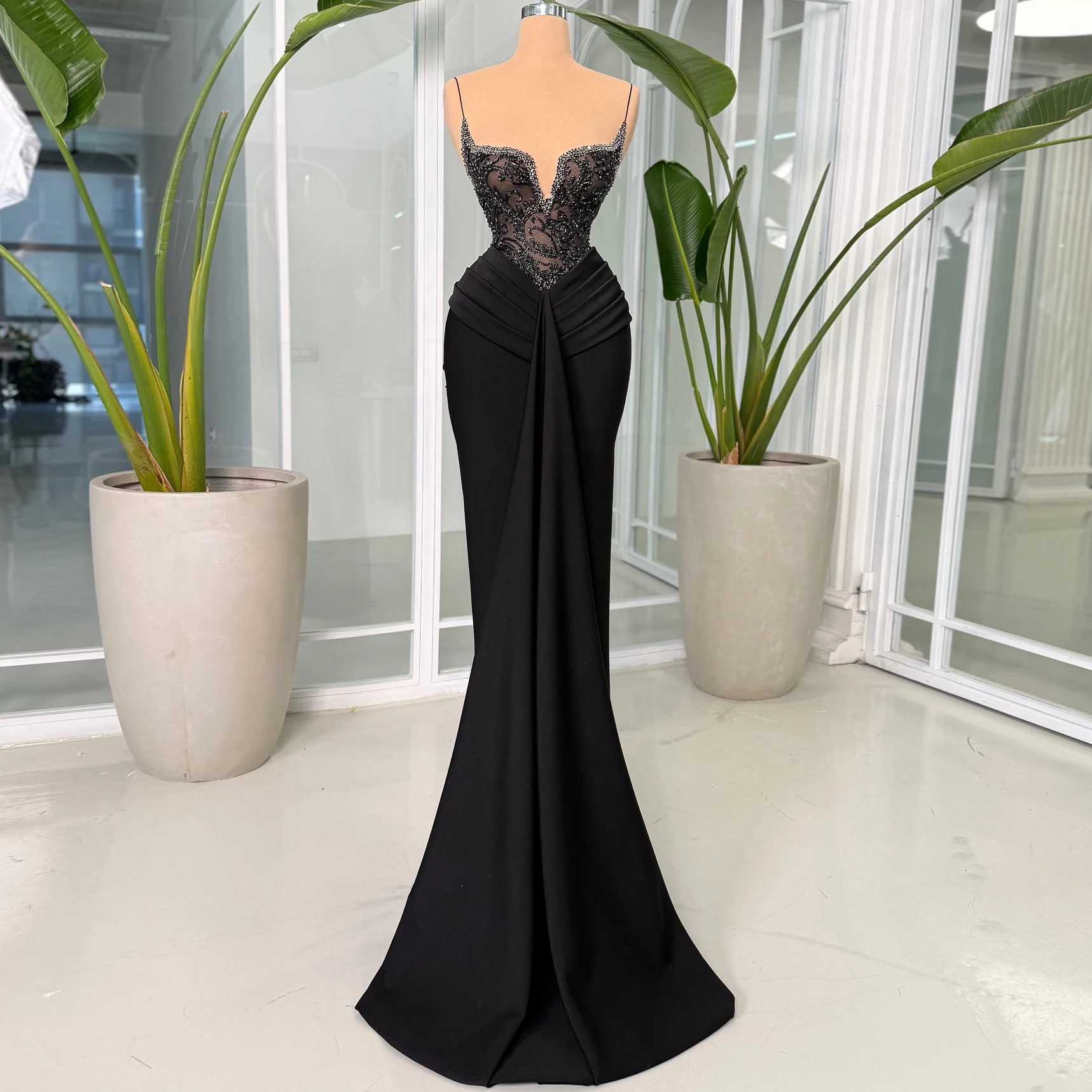 

Formal Dress Black lace strapless dress Sequin and bead embellished train bridesmaid dress Special occasion dress Party dress